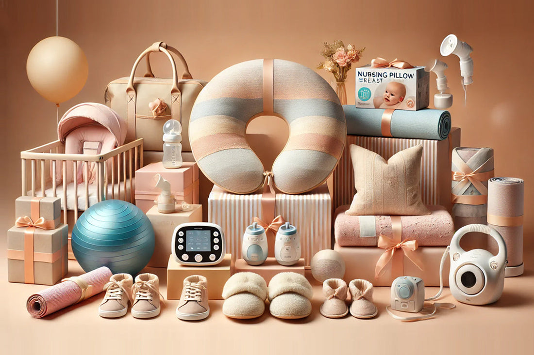 A curated collection of practical and cozy gifts for new moms, including a nursing pillow, baby monitor, breast pump, diaper bag, yoga ball, slippers, baby clothes, and soft blankets, styled in warm neutral tones.