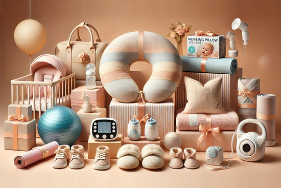 A curated collection of practical and cozy gifts for new moms, including a nursing pillow, baby monitor, breast pump, diaper bag, yoga ball, slippers, baby clothes, and soft blankets, styled in warm neutral tones.