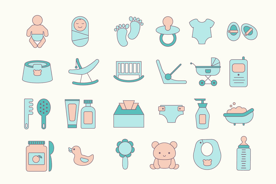  Illustrated baby registry checklist icons showing diapers, swaddles, crib, stroller, car seat, bottles, toys, bath items, clothing, and baby gear in soft pastel colors.