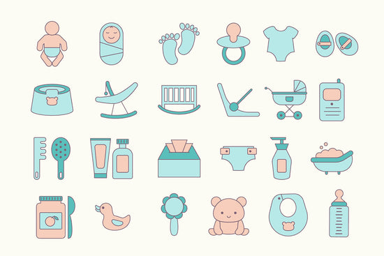  Illustrated baby registry checklist icons showing diapers, swaddles, crib, stroller, car seat, bottles, toys, bath items, clothing, and baby gear in soft pastel colors.