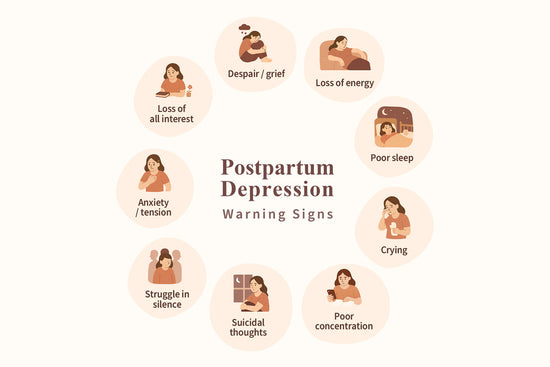 Illustration of postpartum depression warning signs, including loss of interest, low energy, poor sleep, crying, feeling overwhelmed, appetite changes, and persistent sadness.