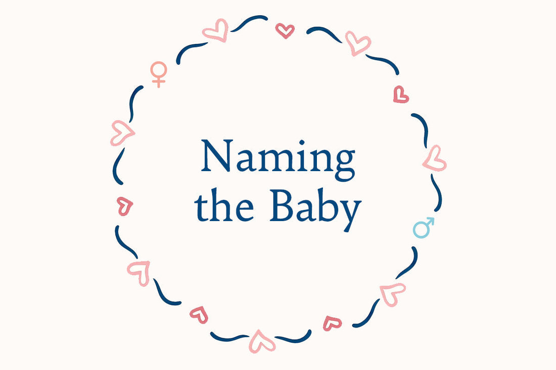 A cute and simple graphic for a baby-naming theme. It has the text "Naming the Baby" in the center, surrounded by a circular border made of small hearts in pink and navy blue. 