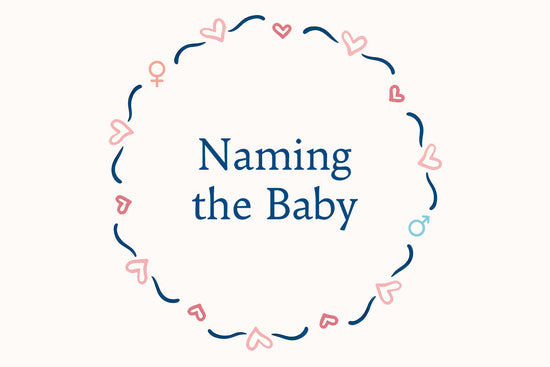 A cute and simple graphic for a baby-naming theme. It has the text "Naming the Baby" in the center, surrounded by a circular border made of small hearts in pink and navy blue. 