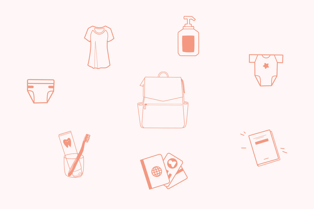  Illustration of a hospital bag checklist with icons for clothing, toiletries, baby onesie, diapers, documents, phone, and essentials for mom and baby.