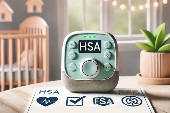 Smart baby monitor on a table with ‘HSA’ displayed, next to icons representing HSA and FSA eligibility, in a nursery setting.