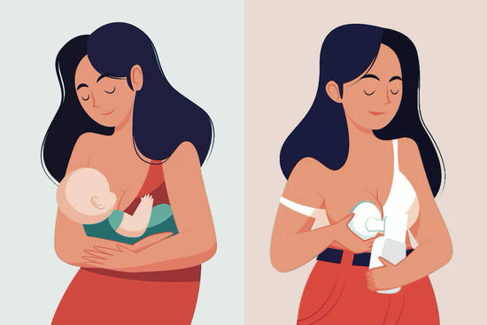 Illustration showing a mother breastfeeding her baby on one side and the same mother using a breast pump on the other, comparing two feeding methods.