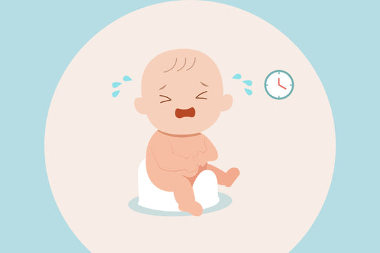Illustration of a crying baby sitting on a potty, sweating and clutching their stomach, with a clock beside them suggesting difficulty or delay while trying to poop.