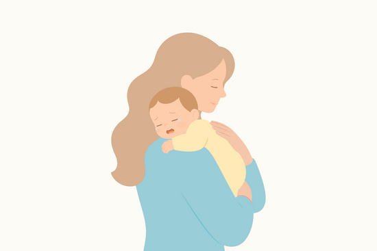 Illustration of a mother gently holding a sleeping baby on her shoulder. The mother wears a light blue top, conveying warmth and tenderness.