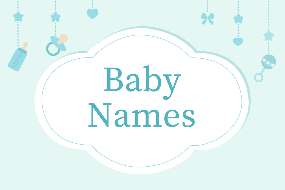 Pale blue background with the words "Baby Names" in the center. Surrounding the text are cute baby-themed icons: a bottle, pacifier, heart, and rattle.