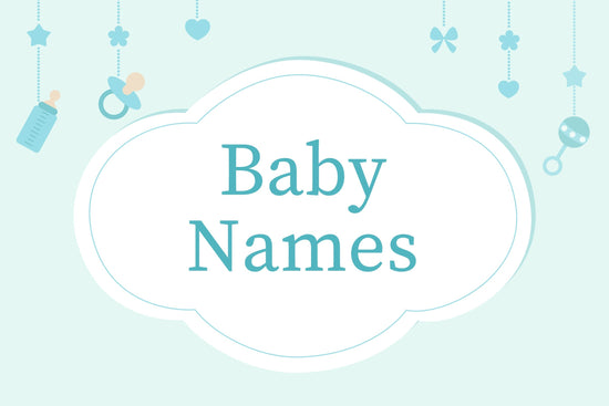 Pale blue background with the words "Baby Names" in the center. Surrounding the text are cute baby-themed icons: a bottle, pacifier, heart, and rattle.