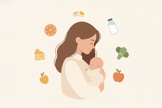 Illustration of a mother lovingly holding a baby, surrounded by foods like cheese, orange, apple, milk, broccoli, and sliced eggs, evoking warmth.