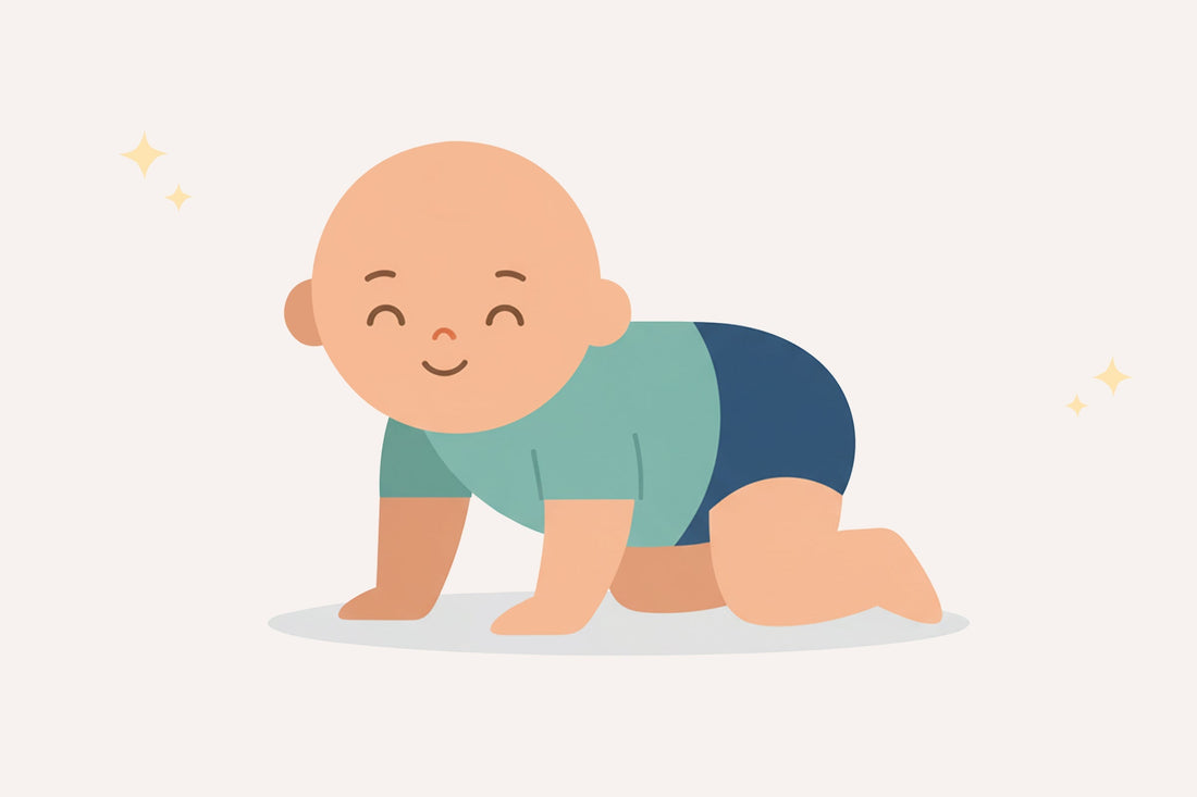 Illustration of a smiling baby crawling, wearing a green shirt and blue shorts. The background is light with small stars, conveying a cheerful tone.