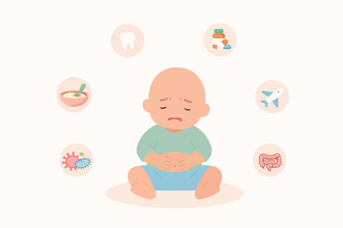 A sad baby holds its stomach, surrounded by icons: tooth, medicine, airplane, intestines, virus, and soup. The mood suggests discomfort.