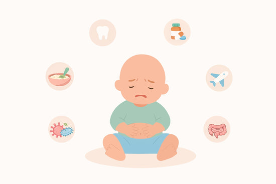 A sad baby holds its stomach, surrounded by icons: tooth, medicine, airplane, intestines, virus, and soup. The mood suggests discomfort.