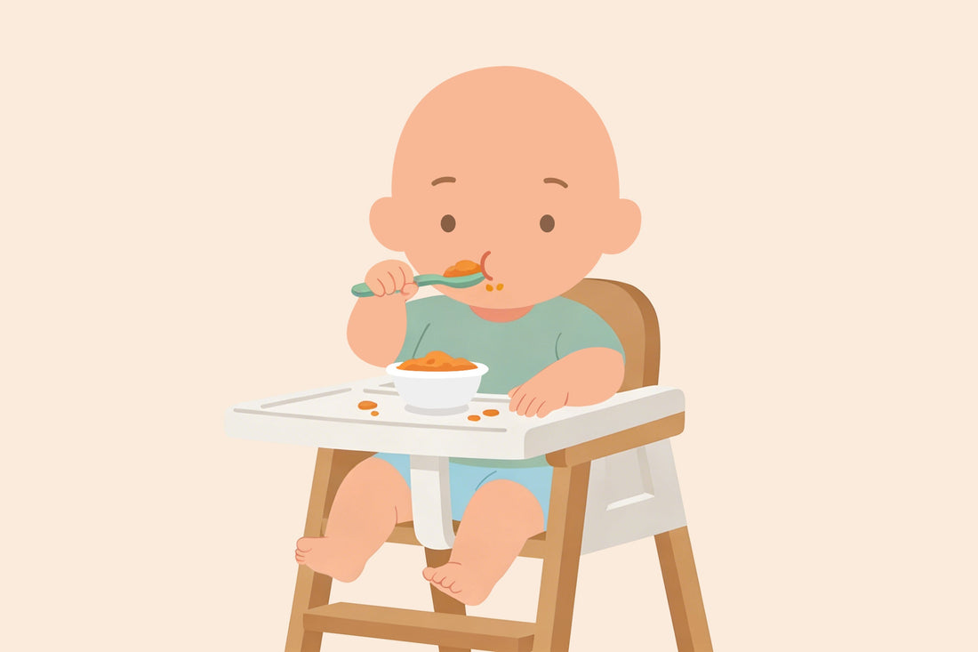 A cute cartoon baby sits in a high chair, messily eating orange baby food with a spoon. The scene conveys a playful and innocent tone.