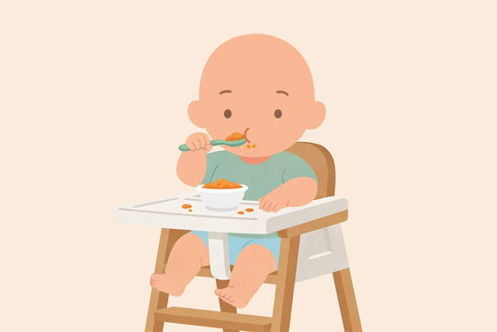 A cute cartoon baby sits in a high chair, messily eating orange baby food with a spoon. The scene conveys a playful and innocent tone.