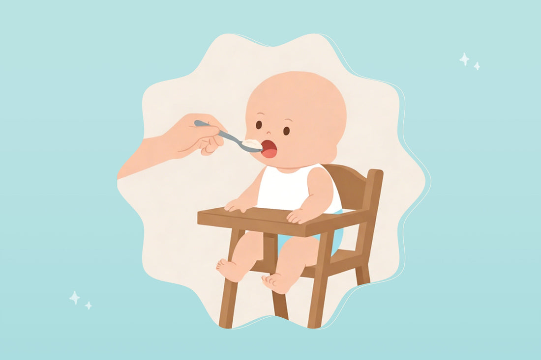 A baby sitting in a high chair being fed with a spoon, learning to eat solid foods.