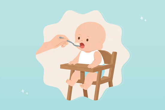 A baby sitting in a high chair being fed with a spoon, learning to eat solid foods.