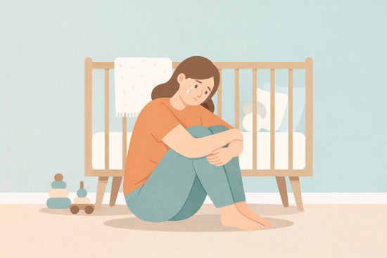 Illustration of a sad, exhausted mother sitting on the floor in front of a crib, hugging her knees, with toys scattered nearby, depicting feelings of postpartum depression and emotional overwhelm.