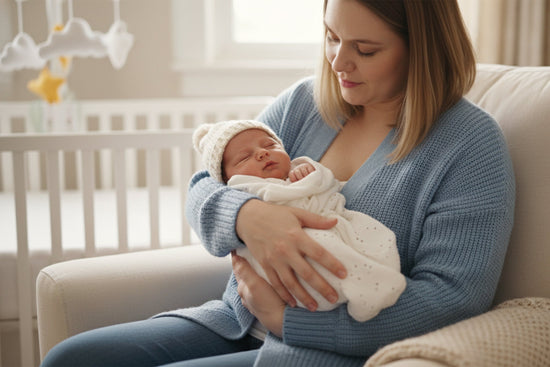 A woman in a blue sweater gently cradles a sleeping baby wrapped in a white blanket. The scene is peaceful, set in a cozy, softly-lit nursery.