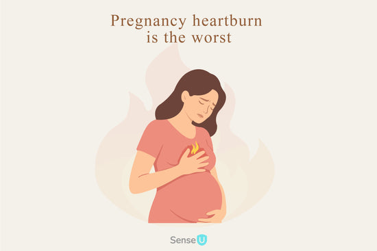 Illustration of a pregnant woman in discomfort, holding her chest with a flame graphic symbolizing heartburn. Text reads, "Pregnancy heartburn is the worst."