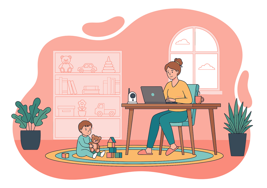 A woman works on a laptop at a desk while a toddler plays with a teddy bear and building blocks on a rug in a cozy, peach-toned living room space.