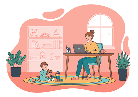 A woman works on a laptop at a desk while a toddler plays with a teddy bear and building blocks on a rug in a cozy, peach-toned living room space.