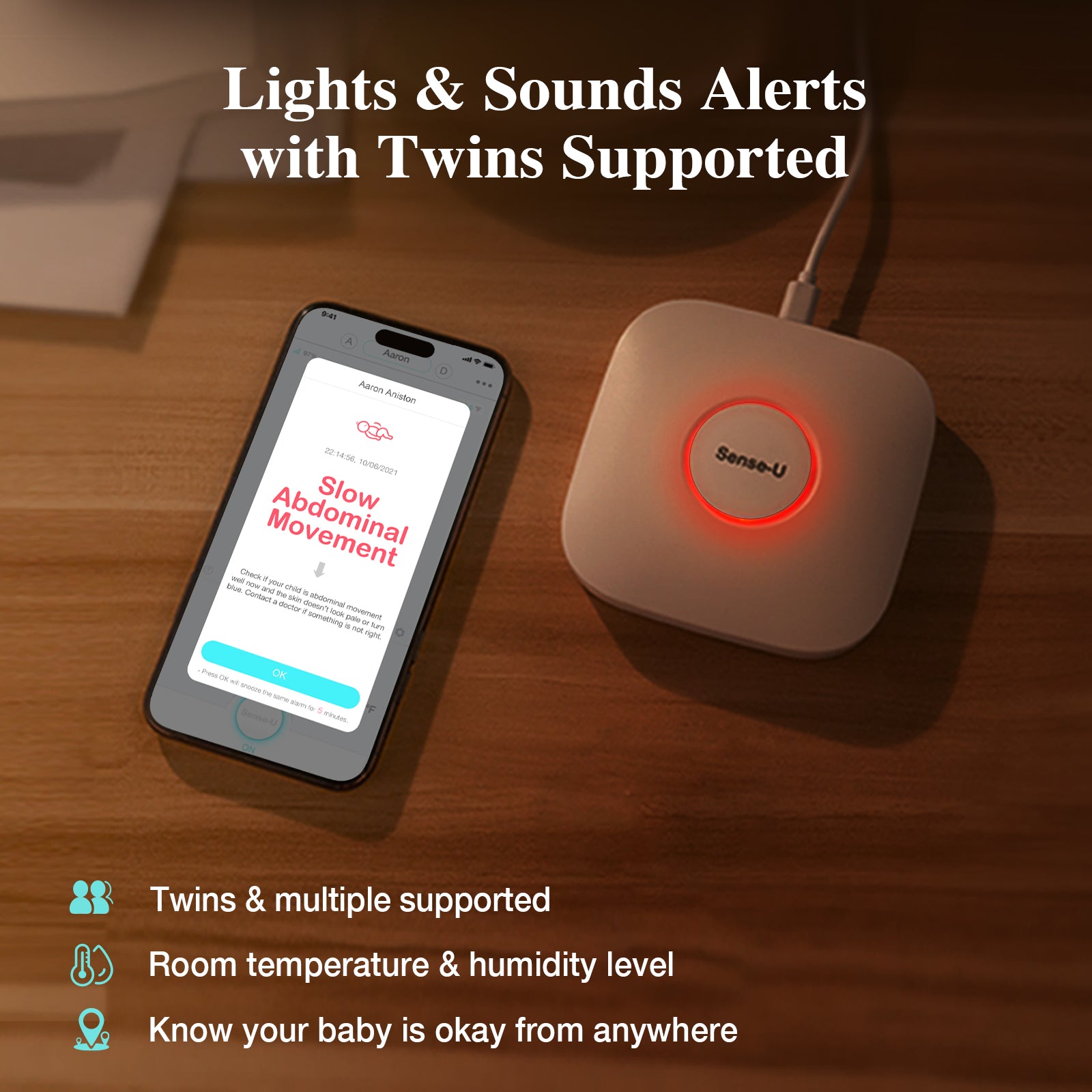 Sense-U Baby Monitor 3: Breathing movement, rollover, temp, anywhere