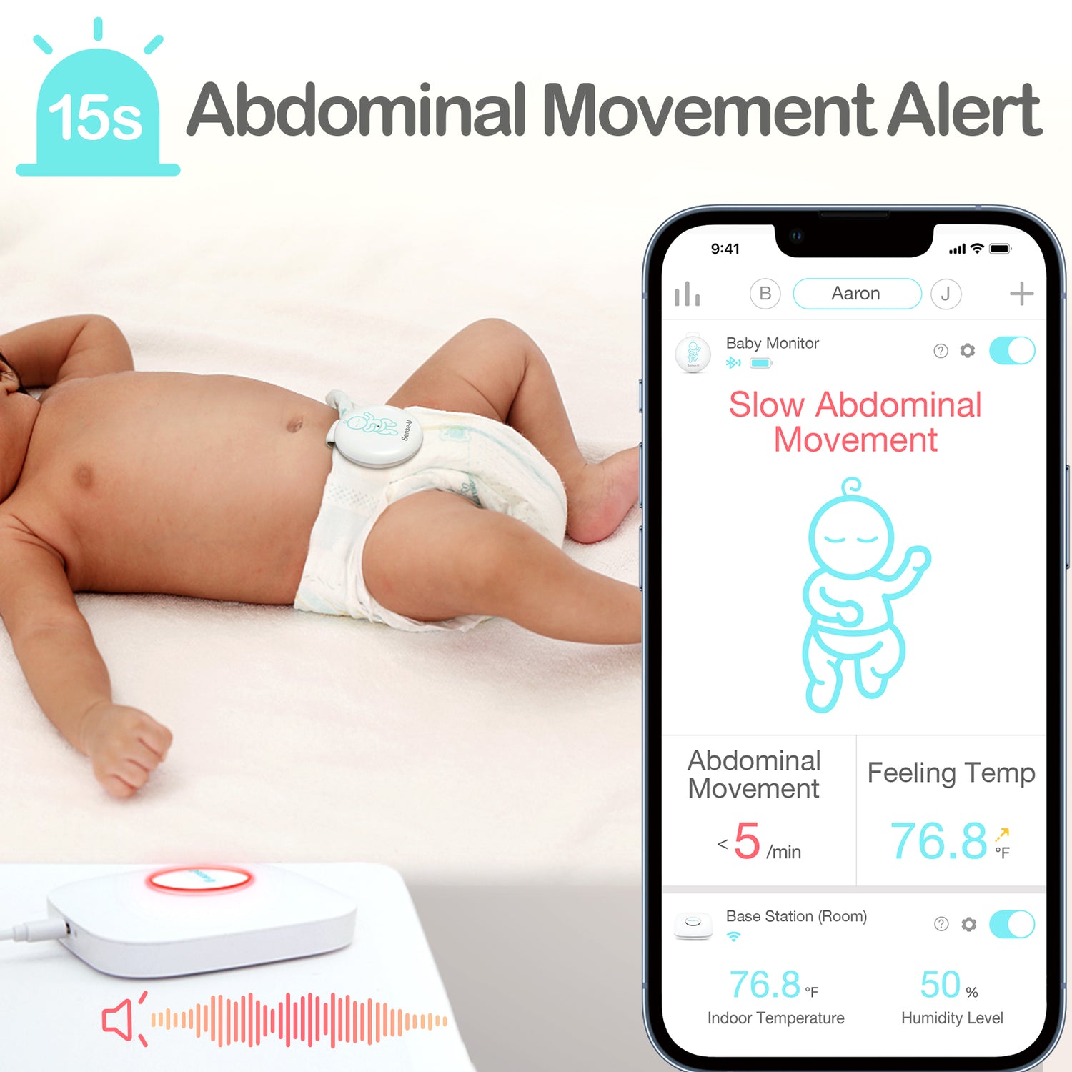 Baby Monitor 3: Tracks abdominal movement, rollover, temp