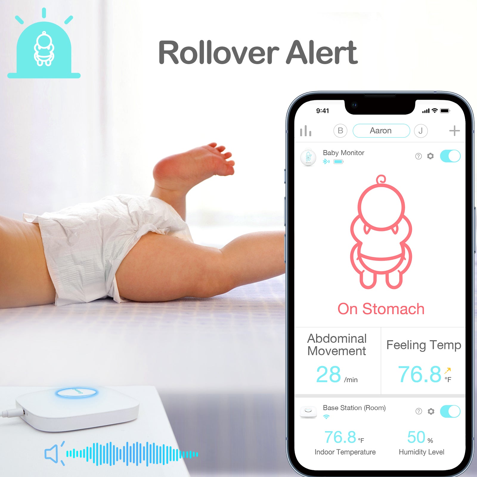 Baby Monitor 3: Tracks abdominal movement, rollover, temp 